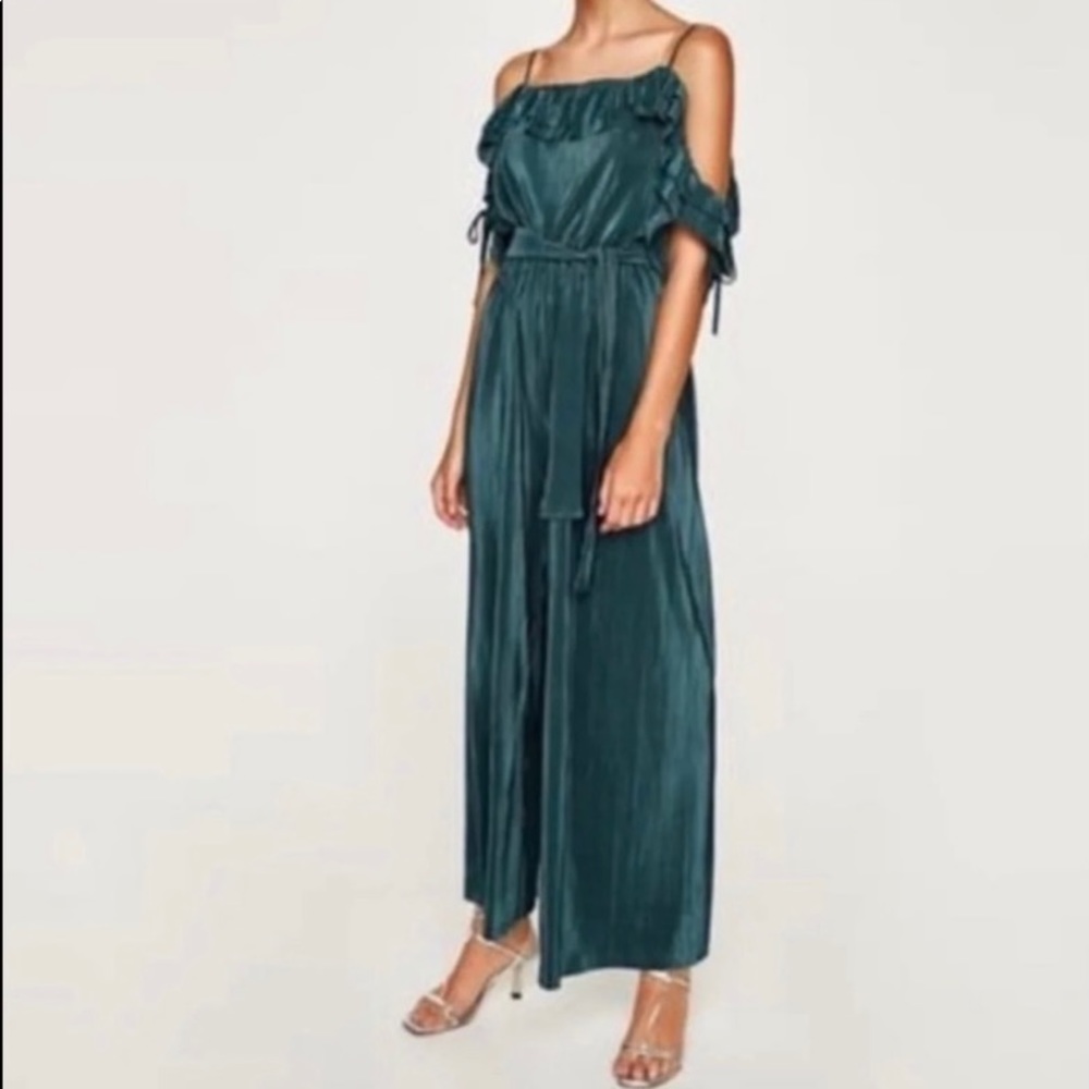 Zara Teal Cold-Shoulder Jumpsuit